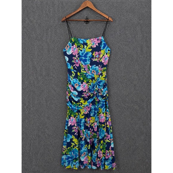Aqua Dresses & Skirts - AQUA Blue Floral Midi Dress Ruched Side Garden Party Cocktail Dress XXL